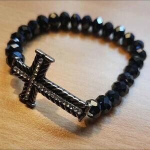 Stretch Cross Bracelet with Black Beads Cross with rhinestones